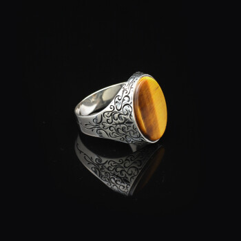  Handmade Vintage Tiger Eye Ring for Men - Oval Gemstone in Polished 925 Sterling Silver - 2