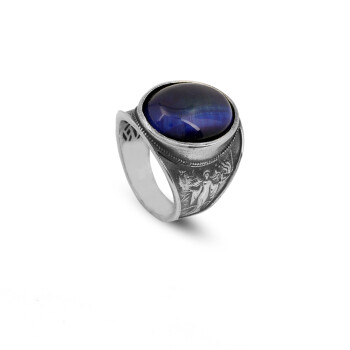  Handmade Virgin Mary Blue Tiger Eye Signet Ring - Vintage 925 Sterling Silver - 1