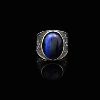  Handmade Virgin Mary Blue Tiger Eye Signet Ring - Vintage 925 Sterling Silver - 2