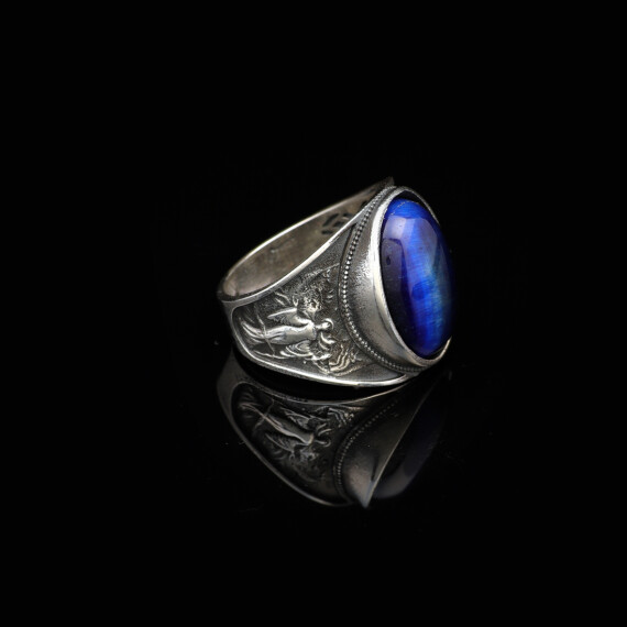  Handmade Virgin Mary Blue Tiger Eye Signet Ring - Vintage 925 Sterling Silver - 3