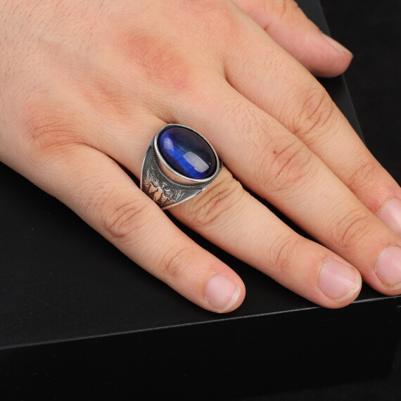  Handmade Virgin Mary Blue Tiger Eye Signet Ring - Vintage 925 Sterling Silver - 6