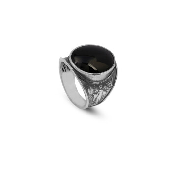  Handmade Virgin Mary Signet Ring – Black Onyx Oval Stone - 1