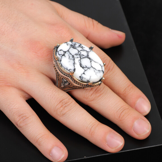  Handmade White Turquoise Large Ring with Oval Stone - Vintage Ottoman Men's Ring - 6