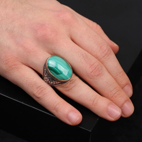 Malachite Ring Men, Malachite Jewelry, Oxidized Silver Ring - 6