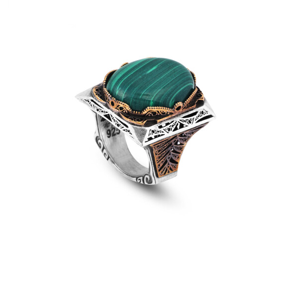  Malachite Ring - Oval Large Gemstone Ring Ottoman Men Vintage Handmade - 1