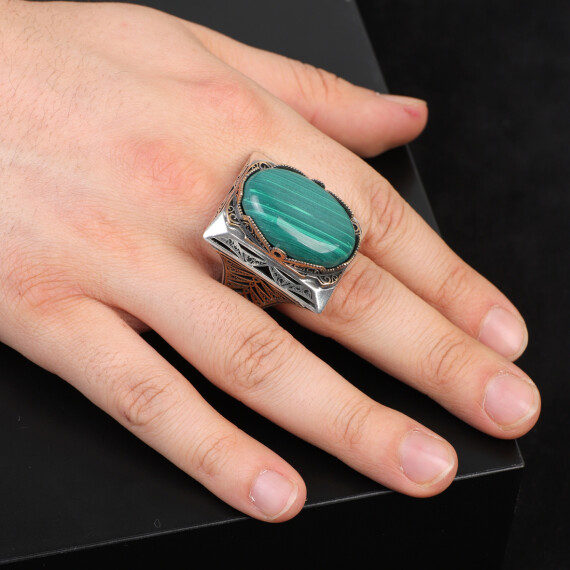  Malachite Ring - Oval Large Gemstone Ring Ottoman Men Vintage Handmade - 6