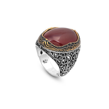 Men Handmade Carnelian Stone Ring, Red Stone Ring - 1