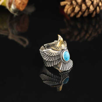 Men Silver Eagle Ring, Turquoise Stone Eagle Ring, Wild Eagle Ring - 3