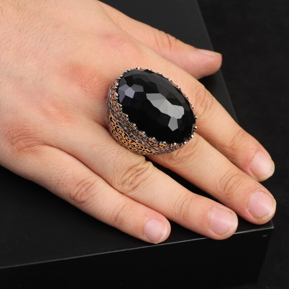  Men's 925 Sterling Silver Black Onyx Ring, Oval Stone, Large Vintage Ring - 6