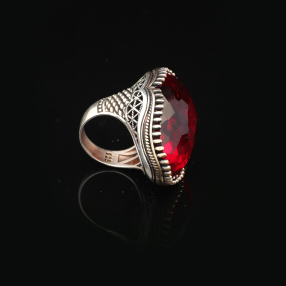  Men's 925 Sterling Silver Garnet Ring - Large Oval Vintage Stone - 2