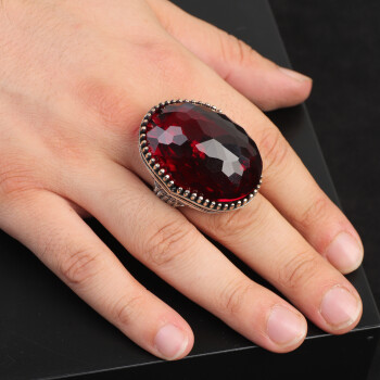  Men's 925 Sterling Silver Garnet Ring - Large Oval Vintage Stone - 6