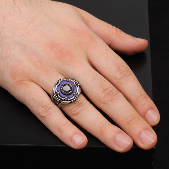  Men's 925 Sterling Silver Lapis Lazuli Rotating Ring - Black Onyx - 6