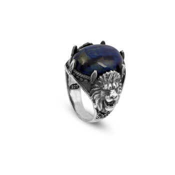  Men's 925 Sterling Silver Lion Ring with Blue Tiger Eye Oval Stone - 1