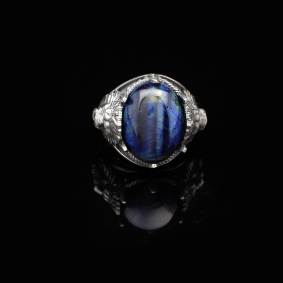  Men's 925 Sterling Silver Lion Ring with Blue Tiger Eye Oval Stone - 4