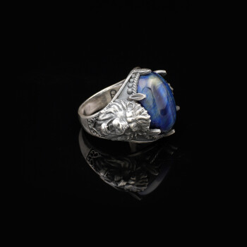  Men's 925 Sterling Silver Lion Ring with Blue Tiger Eye Oval Stone - 5