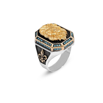  Men's 925 Sterling Silver Lion Ring with Turquoise - Men's Lion - 1