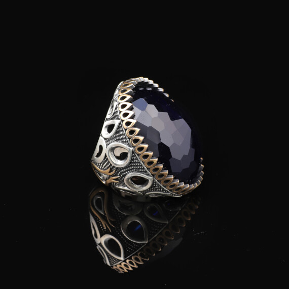  Men's Blue Sapphire Ring - Oval Gemstone in Large Ottoman Design - 4