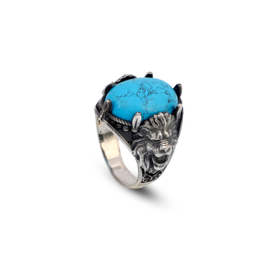  Men's Genuine Turquoise Lion Signet Ring - 1