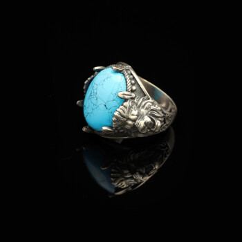  Men's Genuine Turquoise Lion Signet Ring - 3