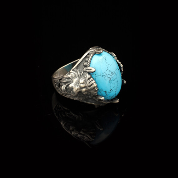  Men's Genuine Turquoise Lion Signet Ring - 4