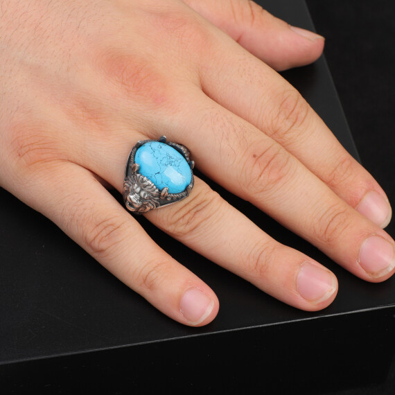  Men's Genuine Turquoise Lion Signet Ring - 6