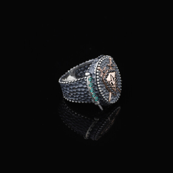  Men's Handmade Emerald Sword and Shield Ring - 925 Sterling Silver - 4