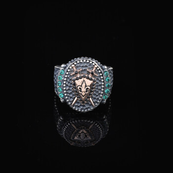  Men's Handmade Emerald Sword and Shield Ring - 925 Sterling Silver - 5