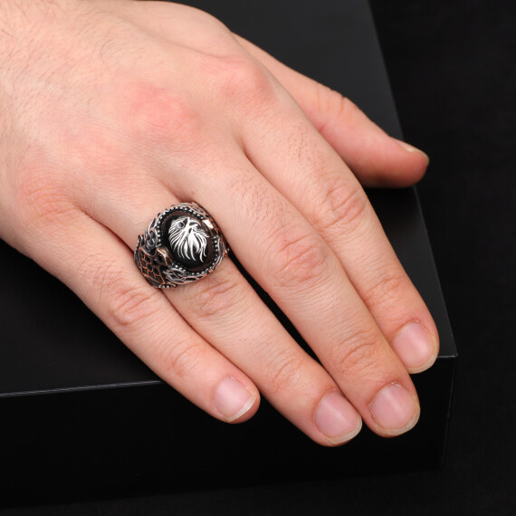 Mens Handmade Ring, Black Onyx Men's Ring, Eagle Ring, Black Onyx Ring - 6