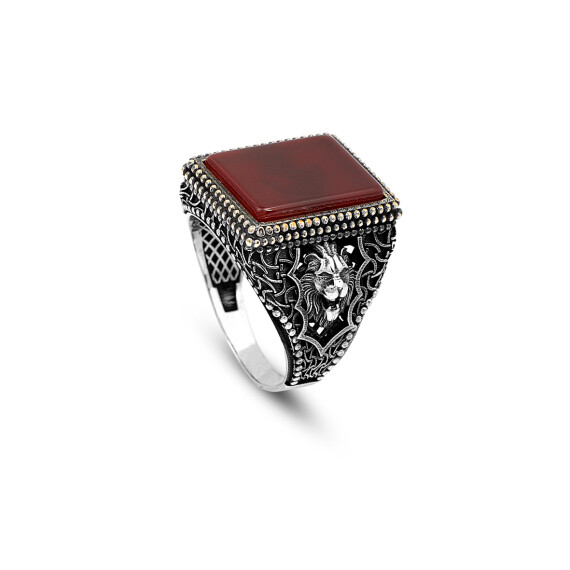  Men's Lion Ring with Carnelian Gemstone - 925 Sterling Silver Jewelry - 1