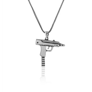  Mens Silver Chain Necklace with Uzi Gun Pendant - 1