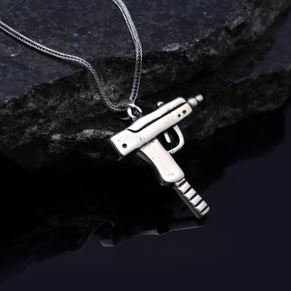  Mens Silver Chain Necklace with Uzi Gun Pendant - 2