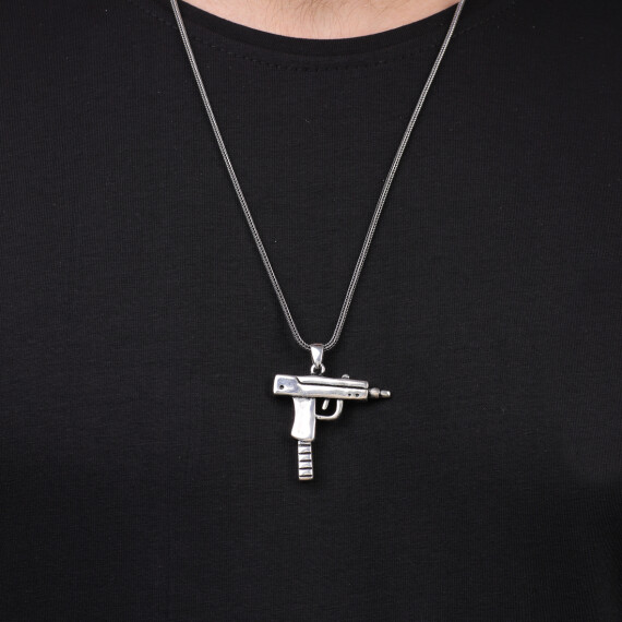  Mens Silver Chain Necklace with Uzi Gun Pendant - 3