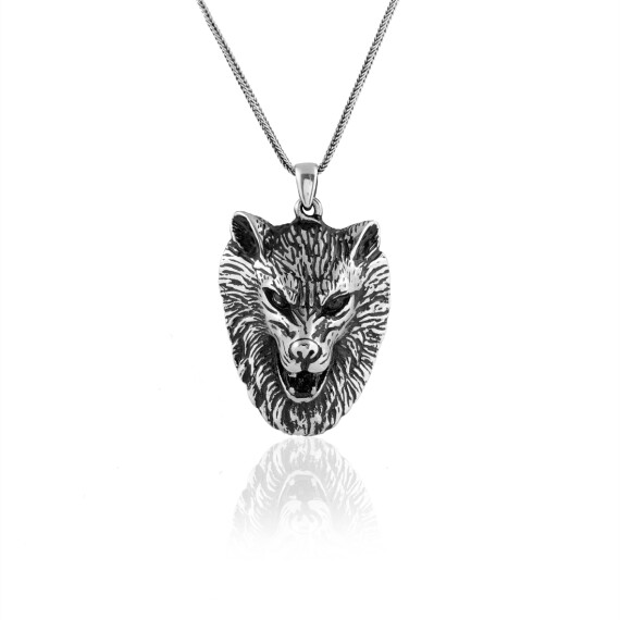  Mens Silver Chain with Wolf Head Pendant - Sterling Silver Chain with Wolf Design - 1