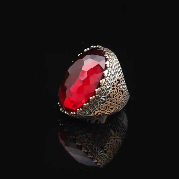  Men's Vintage Garnet Ring with Oval Stone - 925 Sterling Silver Large Ring - 3