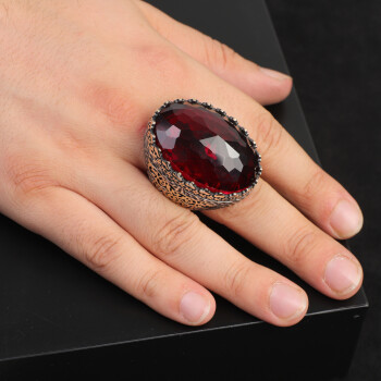  Men's Vintage Garnet Ring with Oval Stone - 925 Sterling Silver Large Ring - 6