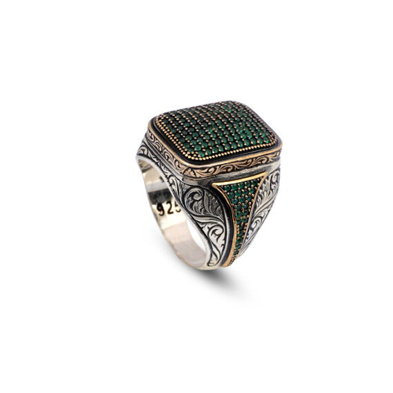  Men's Vintage Jade and Micro Stone Statement Ring - 1