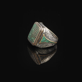  Men's Vintage Jade and Micro Stone Statement Ring - 4