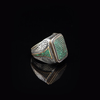  Men's Vintage Jade and Micro Stone Statement Ring - 5