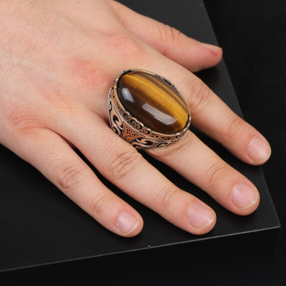  Men's Vintage Tiger Eye Ring - Handmade Oval Gemstone Ottoman Style - 6