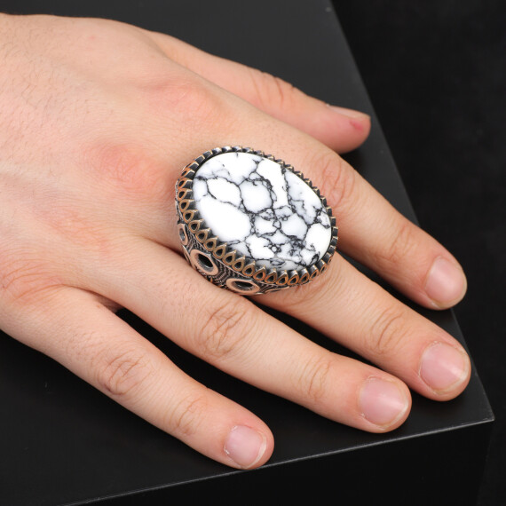  Men's White Turquoise Oval Gemstone Ring - Handmade Ottoman Style Large - 6