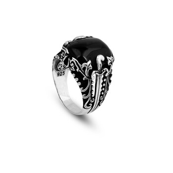 Onyx Warrior, Sterling Silver Sword Ring with Black Onyx Stone - 1