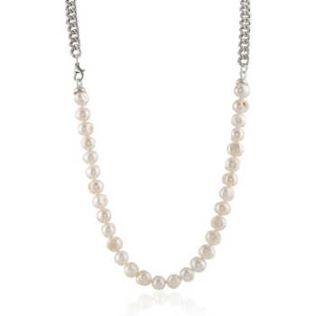 Pearl Necklace Men,Half Silver Chain Half Pearl Necklace - 1