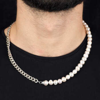 Pearl Necklace Men,Half Silver Chain Half Pearl Necklace - 4