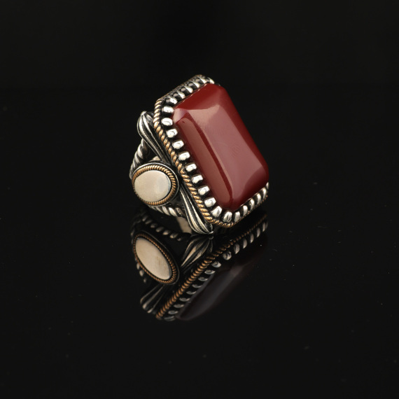 Silver Large Stone Ring, Men Handmade Carnelian Stone Ring - 2