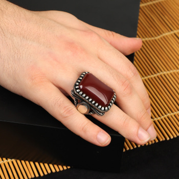 Silver Large Stone Ring, Men Handmade Carnelian Stone Ring - 6