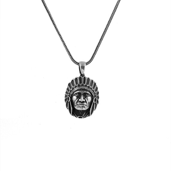  Sterling Silver Men's Necklace with American Indian Chief Pendant - 1