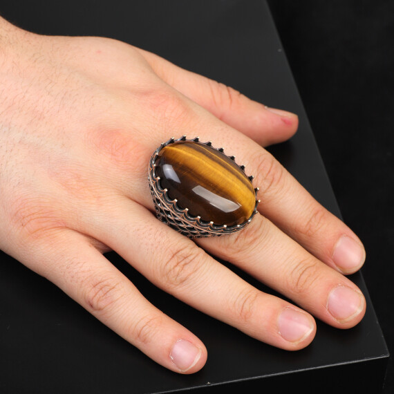  Tiger Eye Ring for Men: Large Gemstone Ottoman Style - 6