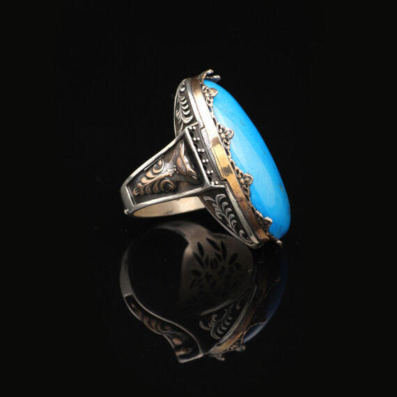  Turquoise Men's Ring with Oval Stone, Vintage 925 Sterling Silver Large Ring - 5