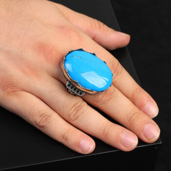  Turquoise Men's Ring with Oval Stone, Vintage 925 Sterling Silver Large Ring - 6