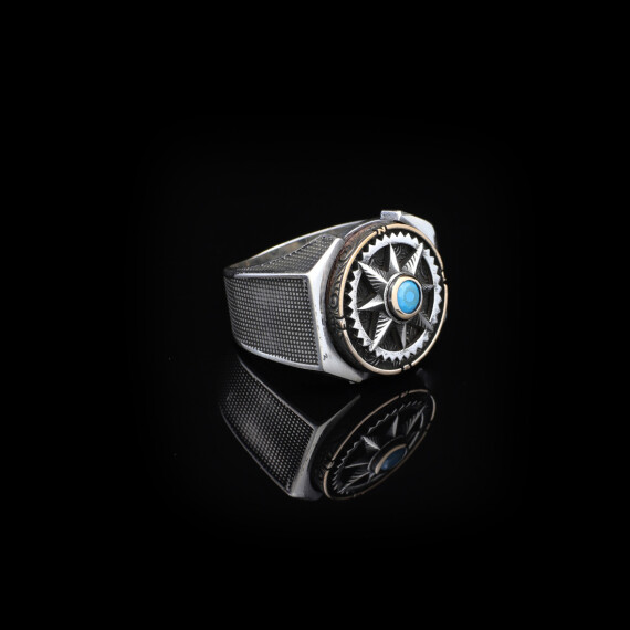 Turquoise Ring Men, Wheel Men Ring, Silver Ring, Compass Mens Ring - 3